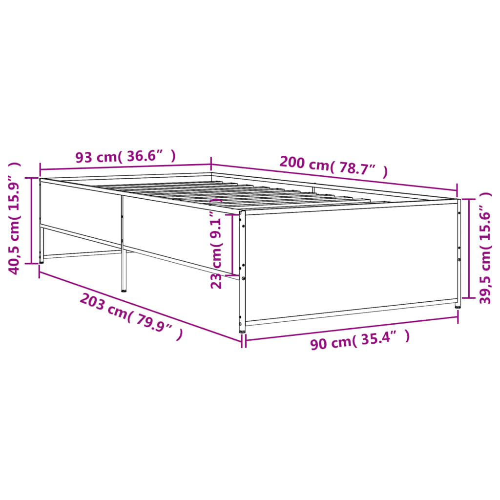 Bettgestell Grau Sonoma 90x200 cm Holzwerkstoff und Metall