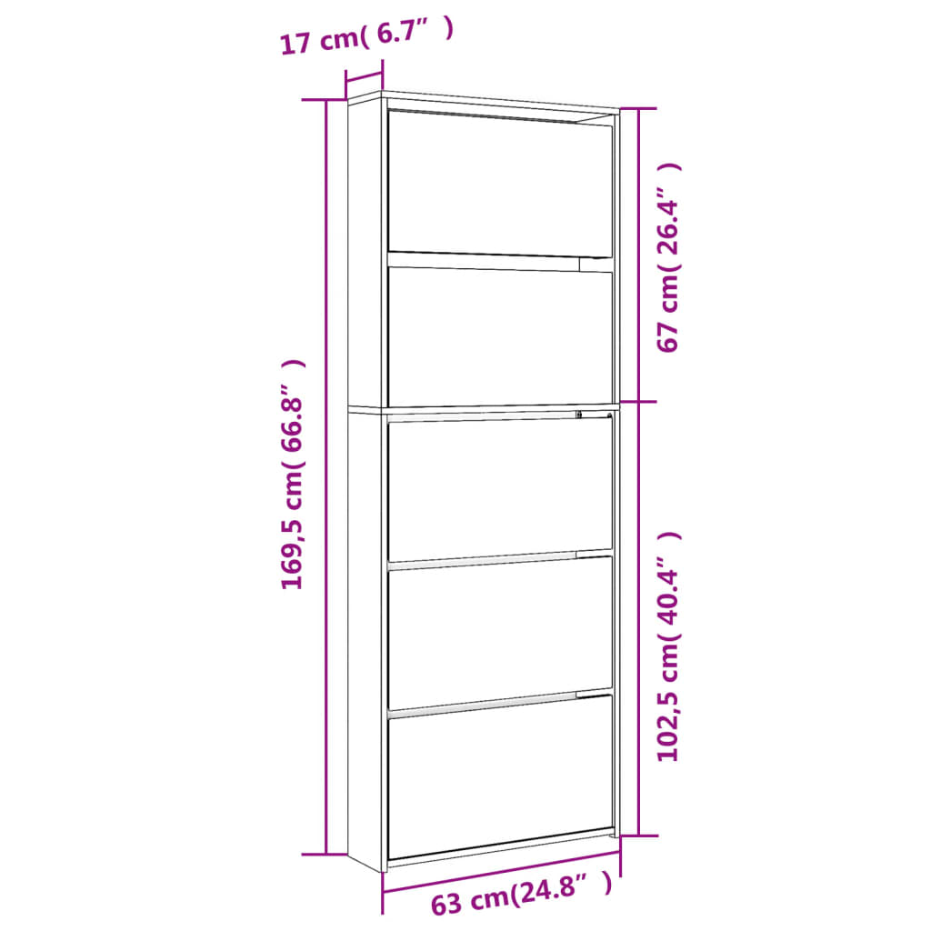 Schuhschrank mit Spiegel 5 Fächer Hochglanz-Weiß 63x17x169,5 cm