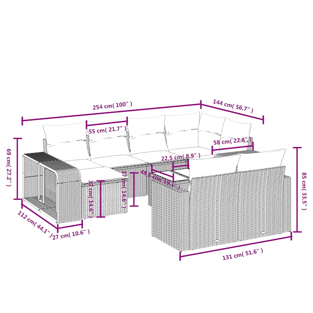 11-teiliges Gartensofa-Set mit Kissen, schwarzes Polyrattan