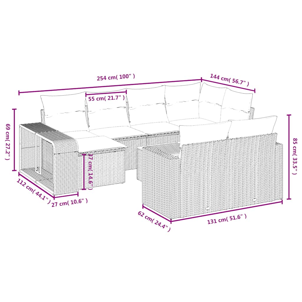 11-teiliges Gartensofa-Set mit Kissen, grau, Polyrattan
