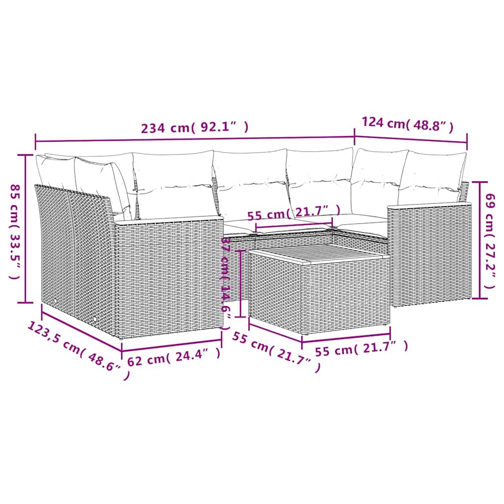 7-tlg. Garten-Sofagarnitur mit Kissen Schwarz Poly Rattan
