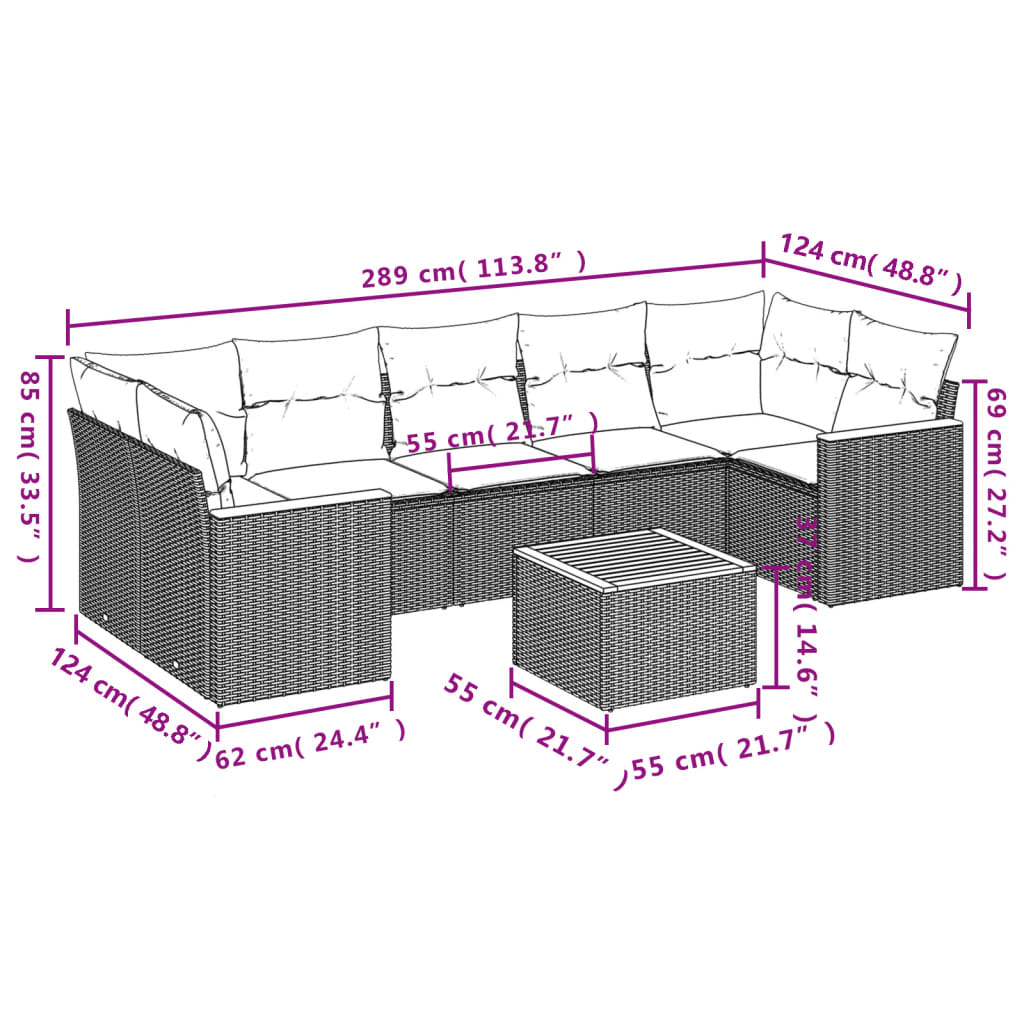 8-teiliges Gartensofa-Set mit Kissen, grau, Polyrattan
