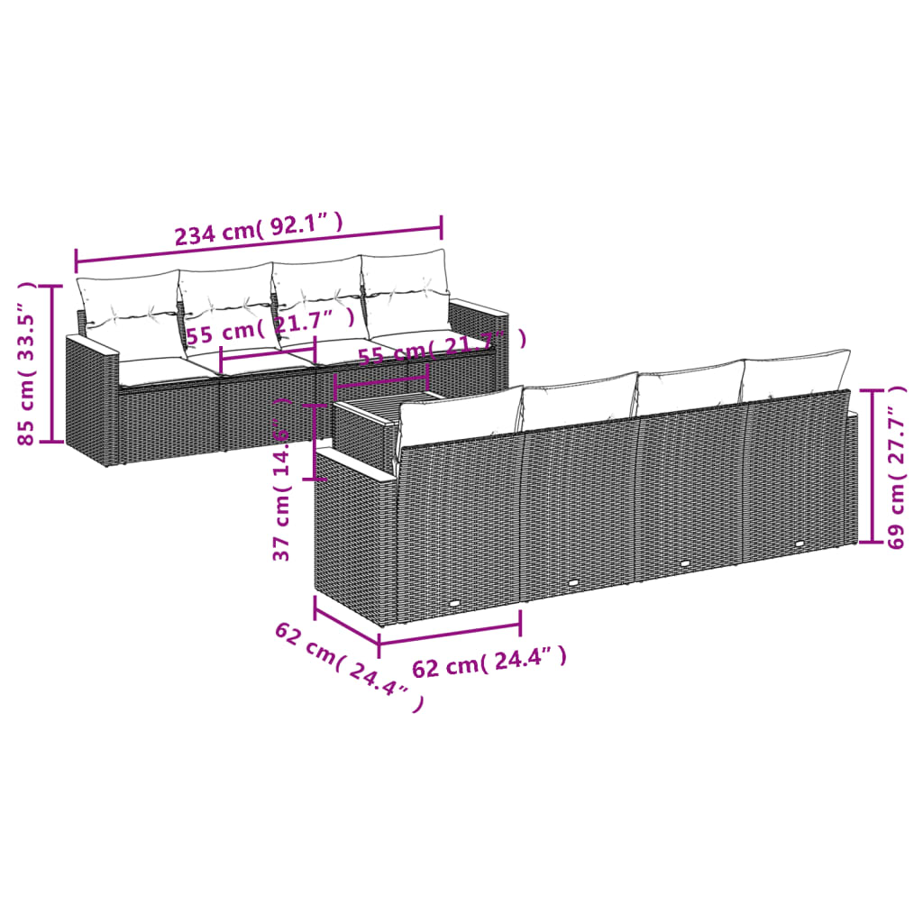 9-tlg. Garten-Sofagarnitur mit Kissen Schwarz Poly Rattan