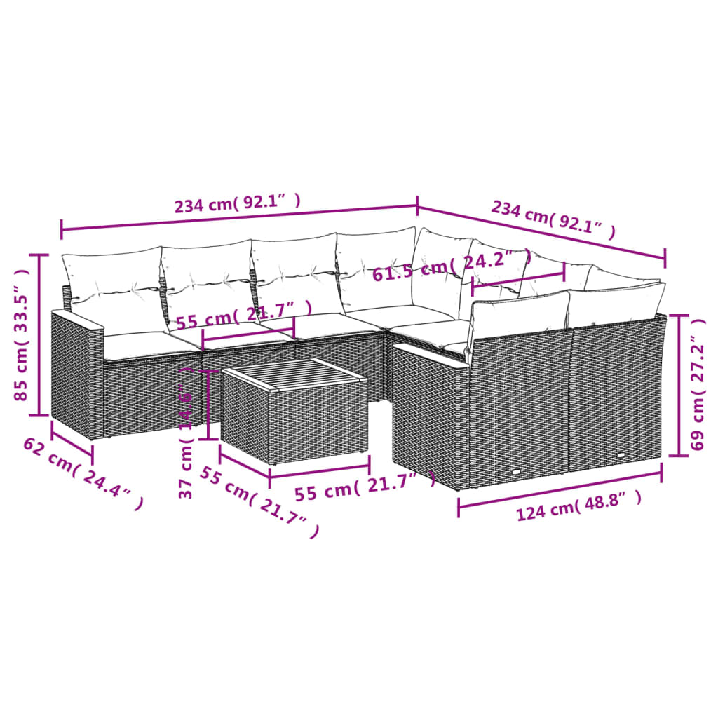9-tlg. Garten-Sofagarnitur mit Kissen Schwarz Poly Rattan