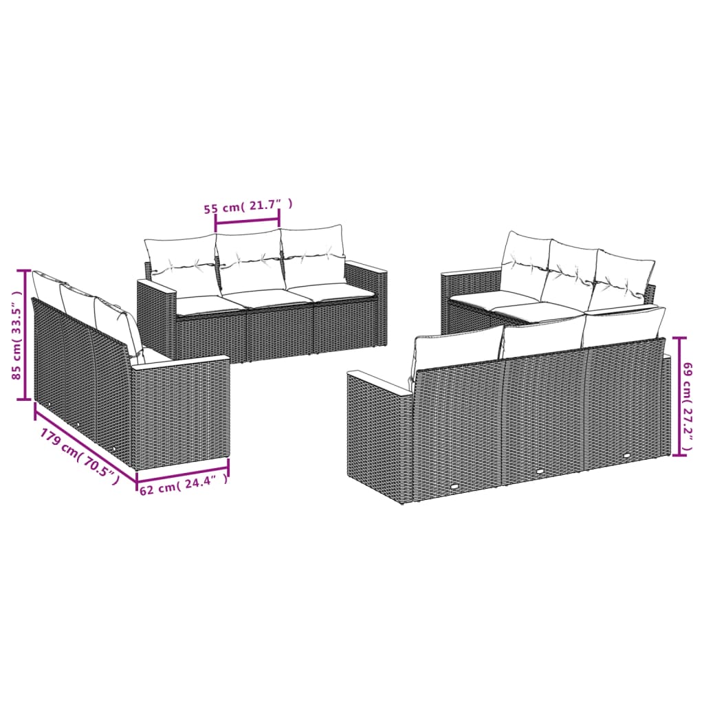 12-tlg. Garten-Sofagarnitur mit Kissen Beige Poly Rattan