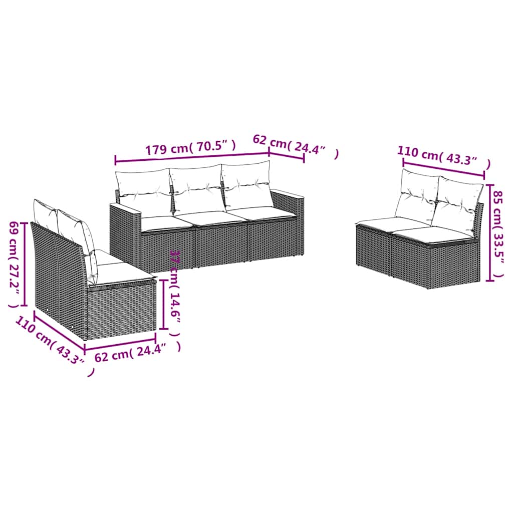 7-tlg. Garten-Sofagarnitur mit Kissen Schwarz Poly Rattan