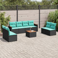9-teiliges Gartensofa-Set mit Kissen, schwarzes Polyrattan