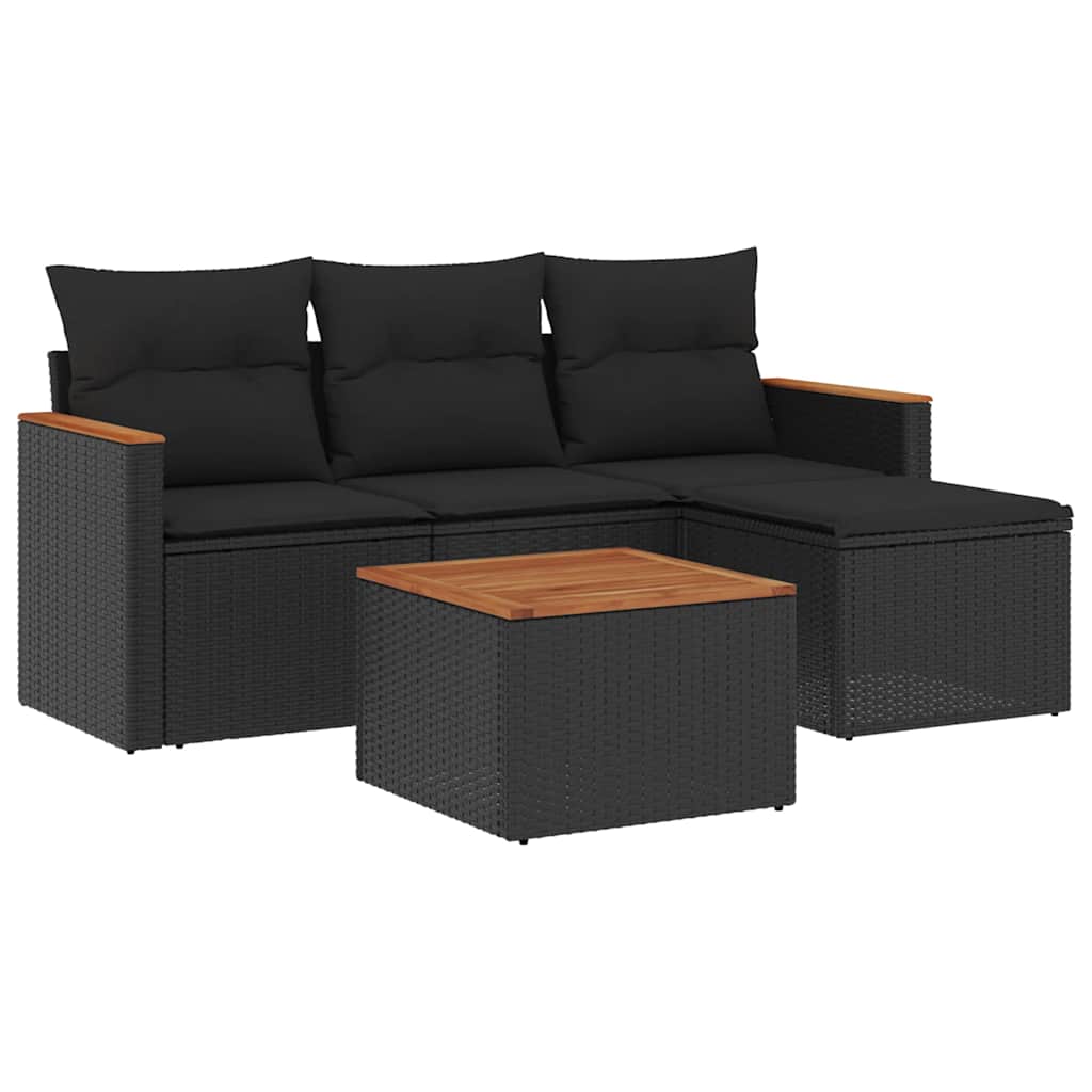 5-tlg. Garten-Sofagarnitur mit Kissen Schwarz Poly Rattan
