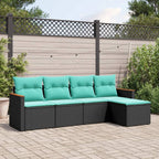 5-teiliges Gartensofa-Set mit Kissen, schwarzes Polyrattan