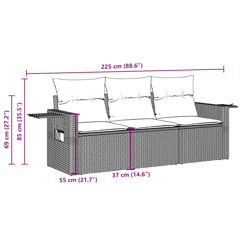 3-tlg. Garten-Sofagarnitur mit Kissen Braun Poly Rattan