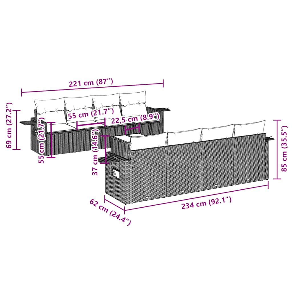 9-tlg. Garten-Sofagarnitur mit Kissen Schwarz Poly Rattan