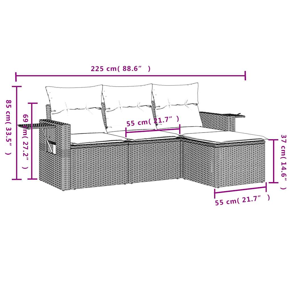 4-tlg. Garten-Sofagarnitur mit Kissen Grau Poly Rattan