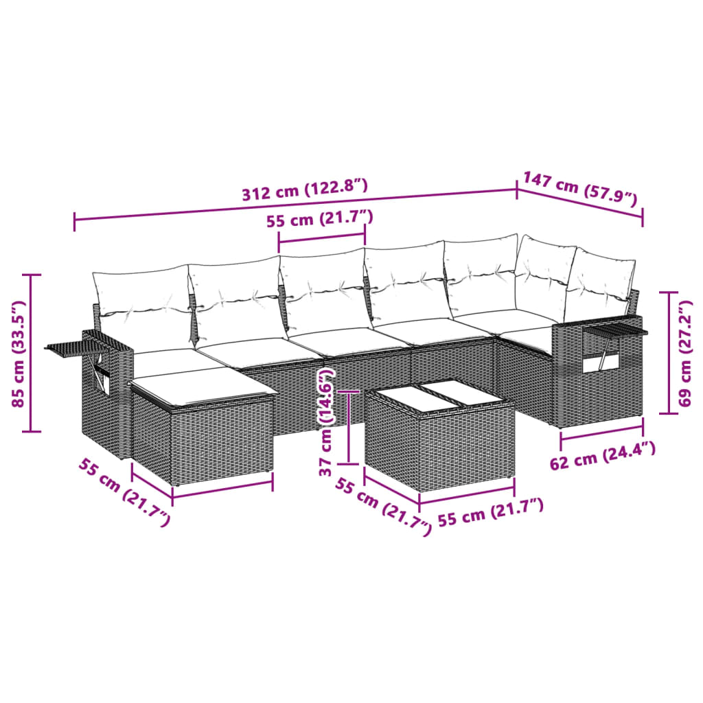 8-tlg. Garten-Sofagarnitur mit Kissen Hellgrau Poly Rattan