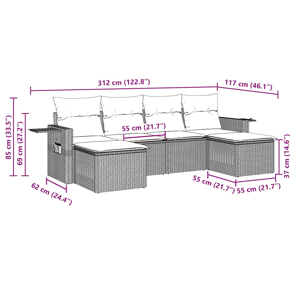 6-tlg. Garten-Sofagarnitur mit Kissen Schwarz Poly Rattan