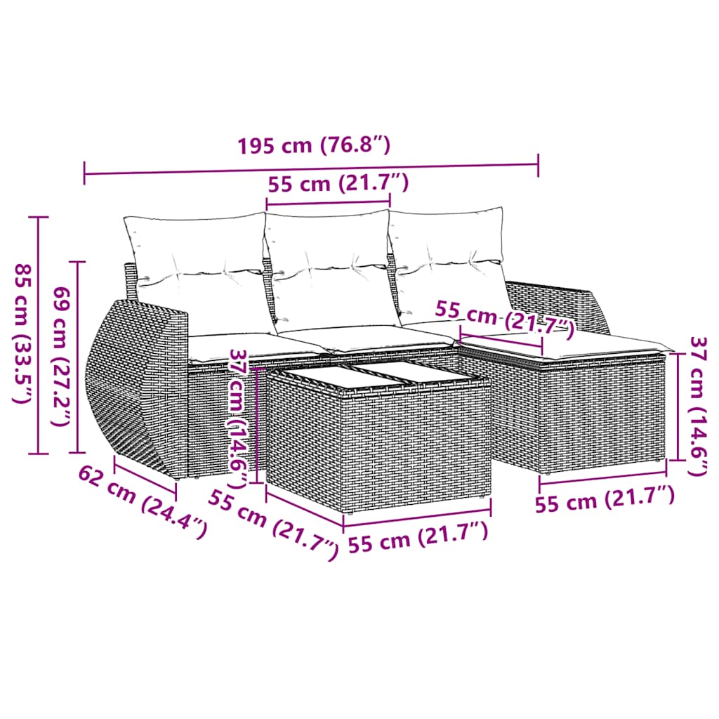 5-tlg. Garten-Sofagarnitur mit Kissen Schwarz Poly Rattan