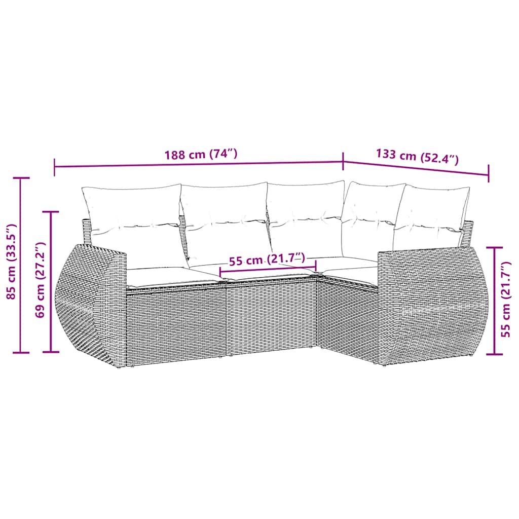 4-tlg. Garten-Sofagarnitur mit Kissen Schwarz Poly Rattan