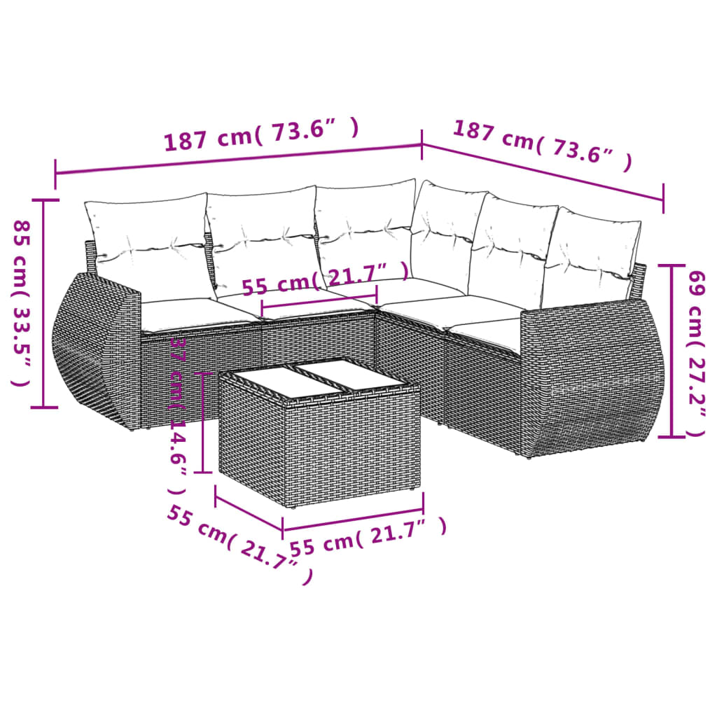 6-tlg. Garten-Sofagarnitur mit Kissen Grau Poly Rattan