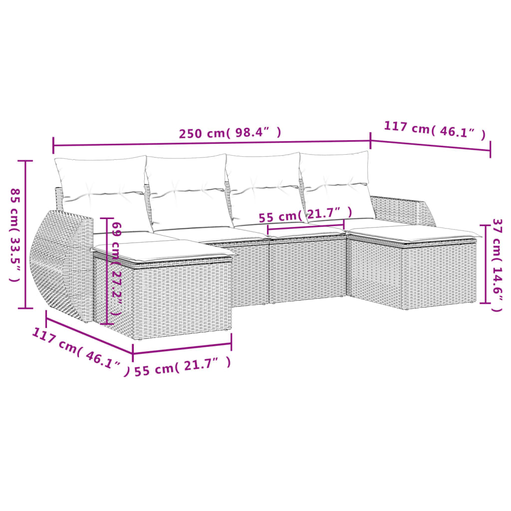 6-tlg. Garten-Sofagarnitur mit Kissen Braun Poly Rattan