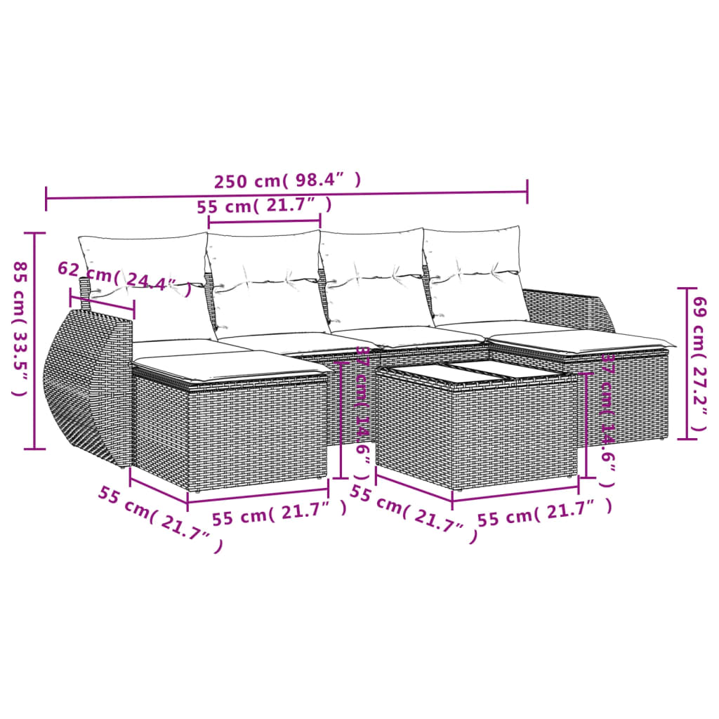 7-tlg. Garten-Sofagarnitur mit Kissen Braun Poly Rattan