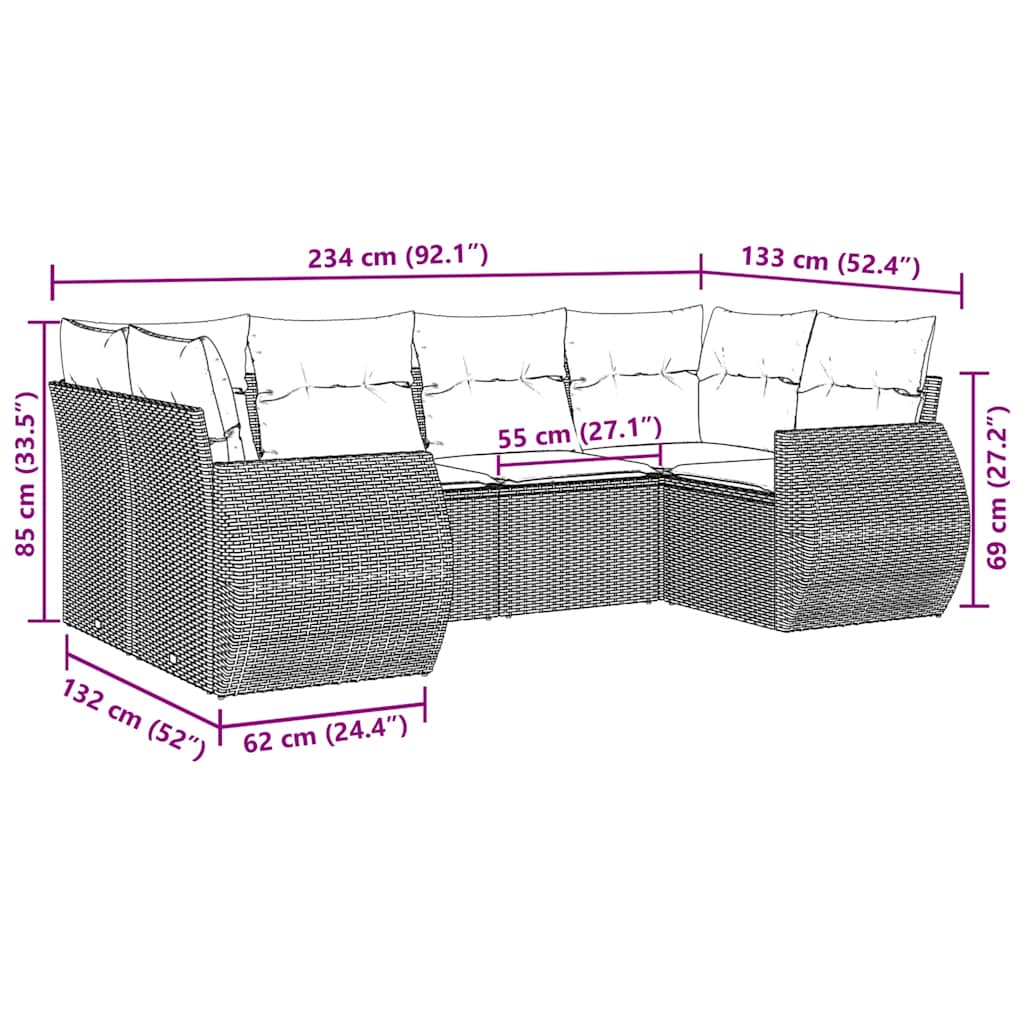 6-tlg. Garten-Sofagarnitur mit Kissen Schwarz Poly Rattan