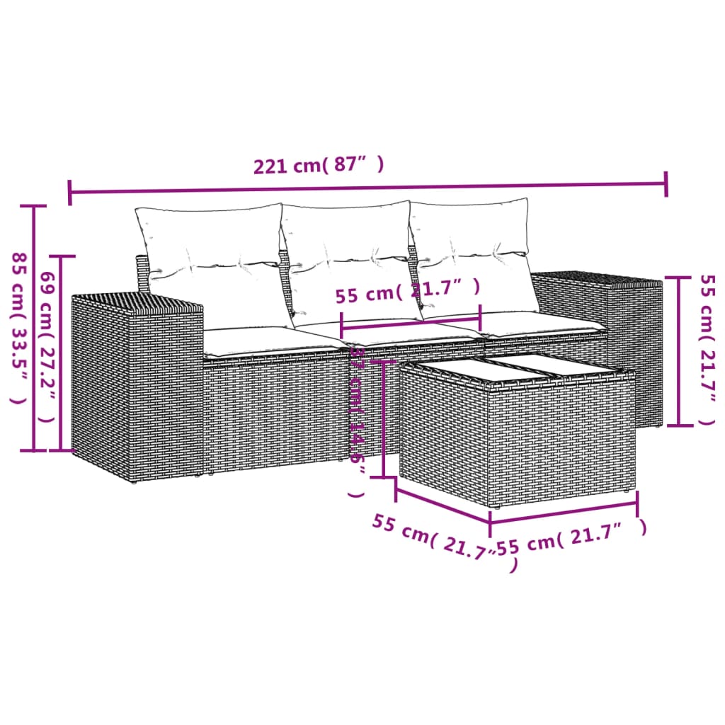 4-tlg. Garten-Sofagarnitur mit Kissen Braun Poly Rattan