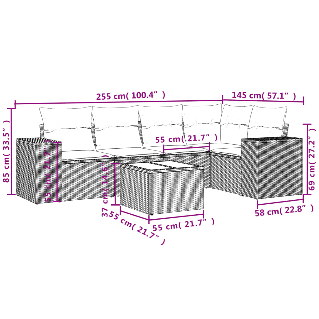 6-tlg. Garten-Sofagarnitur mit Kissen Braun Poly Rattan