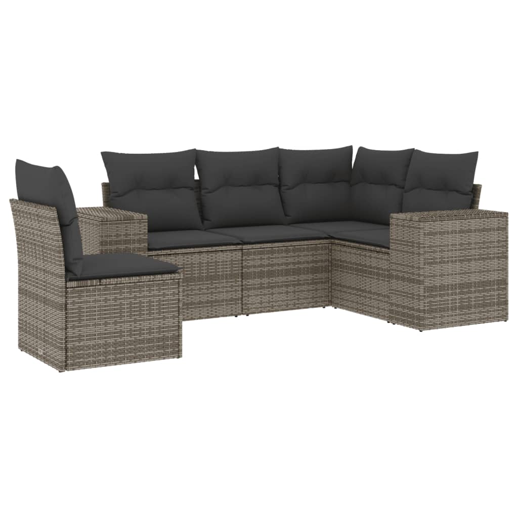 5-tlg. Garten-Sofagarnitur mit Kissen Grau Poly Rattan
