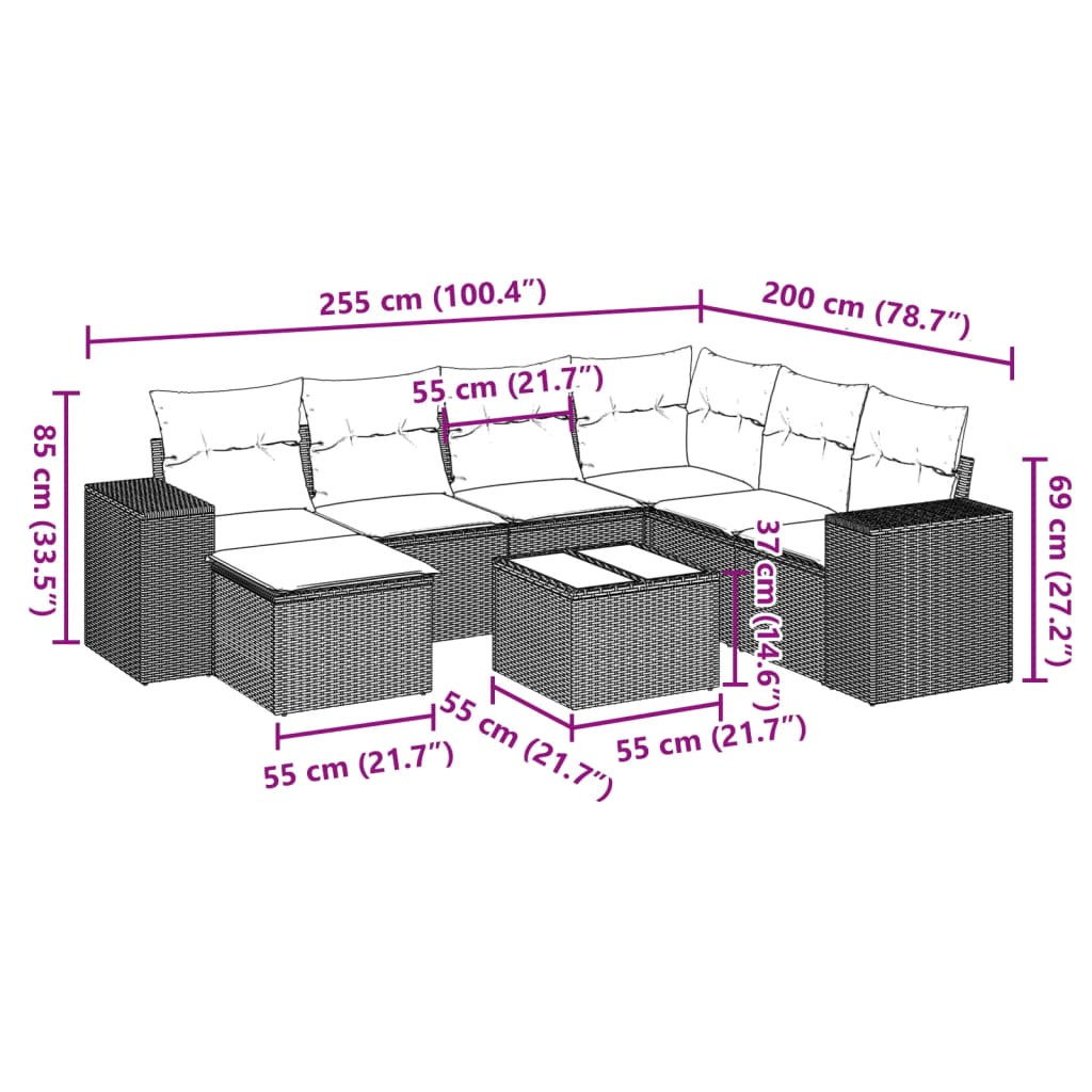 8-tlg. Garten-Sofagarnitur mit Kissen Braun Poly Rattan