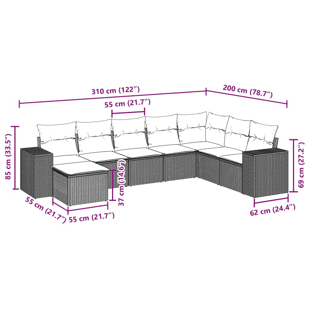 8-tlg. Garten-Sofagarnitur mit Kissen Schwarz Poly Rattan