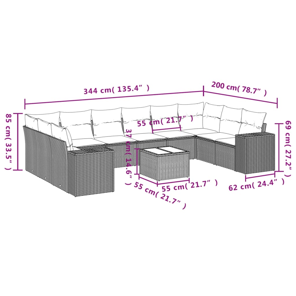 11-tlg. Garten-Sofagarnitur mit Kissen Braun Poly Rattan