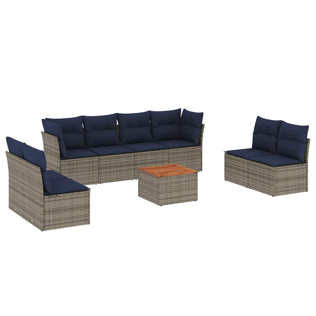 9-tlg. Garten-Sofagarnitur mit Kissen Grau Poly Rattan