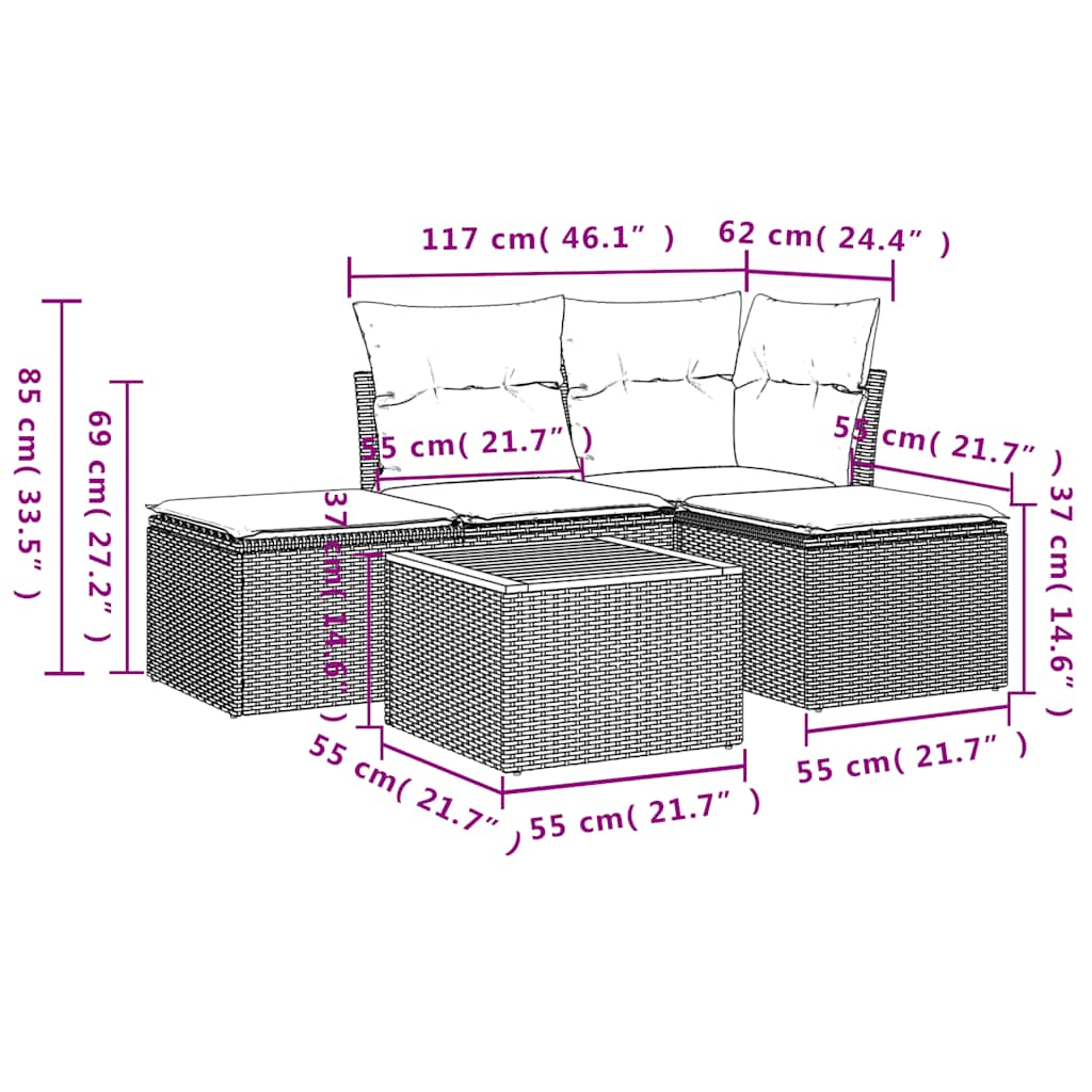 5-teiliges Gartensofa-Set mit Kissen, grau, Polyrattan