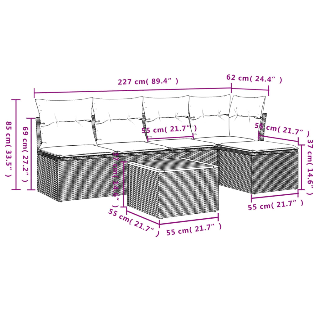 6-tlg. Garten-Sofagarnitur mit Kissen Grau Poly Rattan