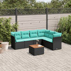 7-tlg. Garten-Sofagarnitur mit Kissen Schwarz Poly Rattan