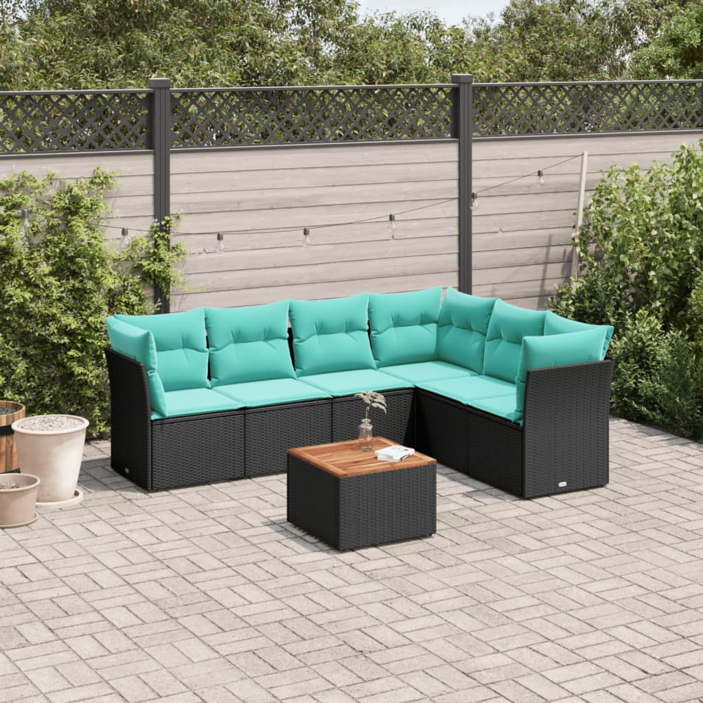 7-tlg. Garten-Sofagarnitur mit Kissen Schwarz Poly Rattan