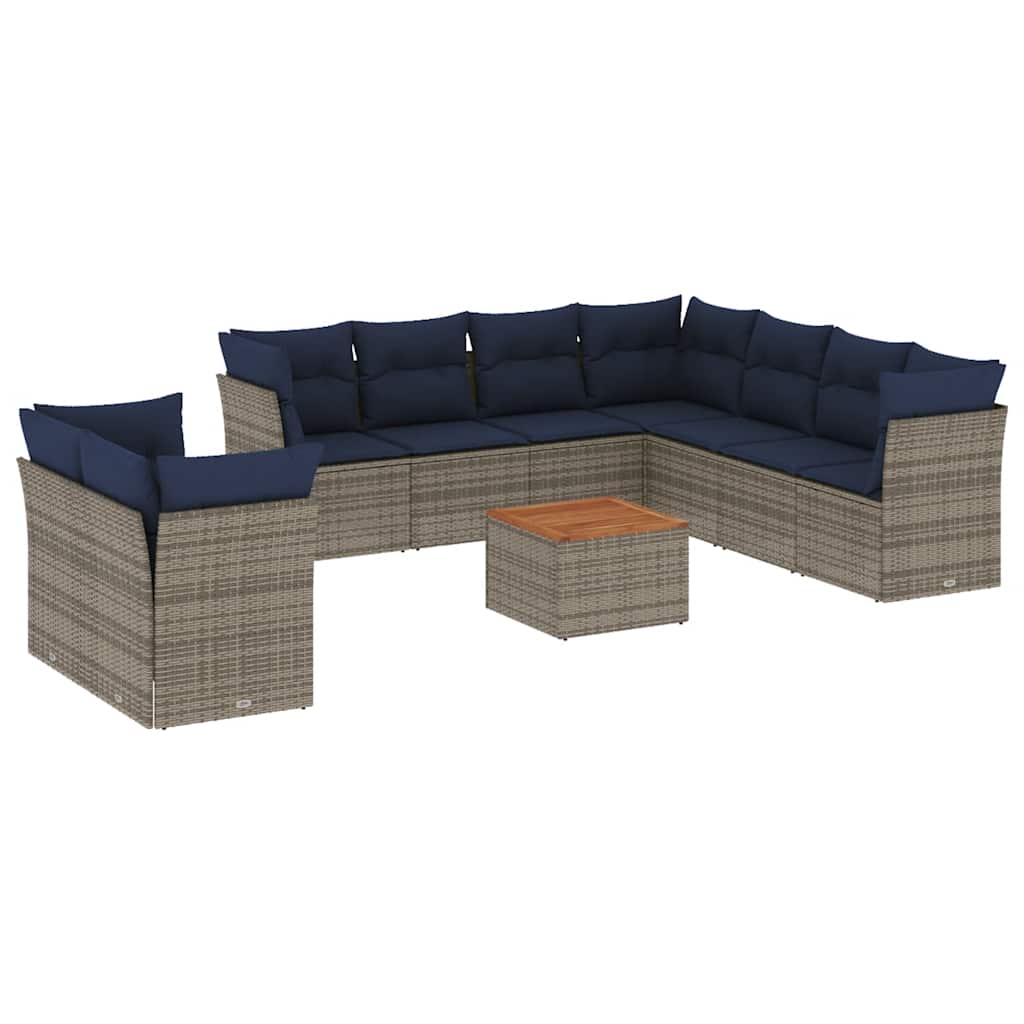 10-tlg. Garten-Sofagarnitur mit Kissen Grau Poly Rattan