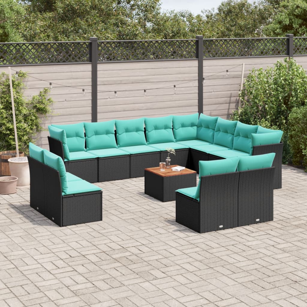 13-tlg. Garten-Sofagarnitur mit Kissen Schwarz Poly Rattan