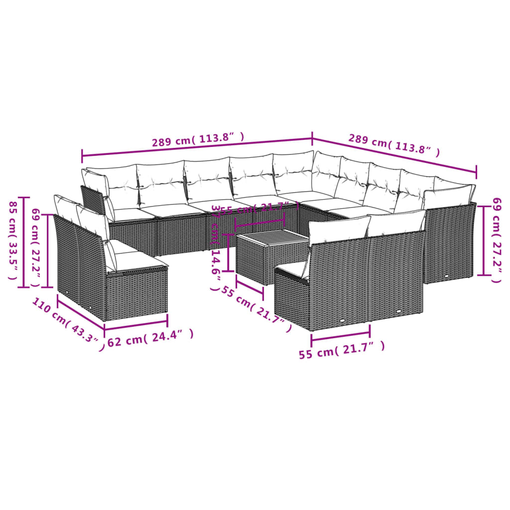 14-tlg. Garten-Sofagarnitur mit Kissen Beige Poly Rattan