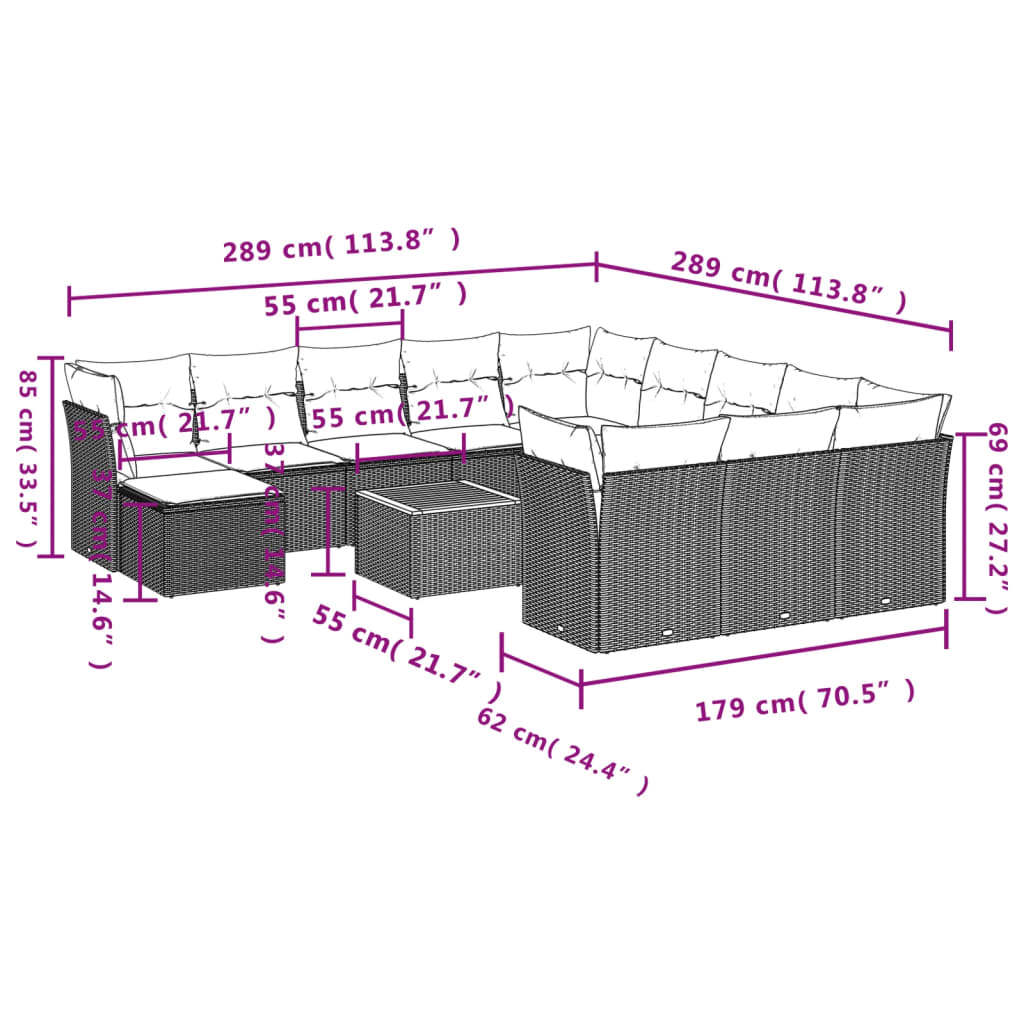 13-tlg. Garten-Sofagarnitur mit Kissen Schwarz Poly Rattan
