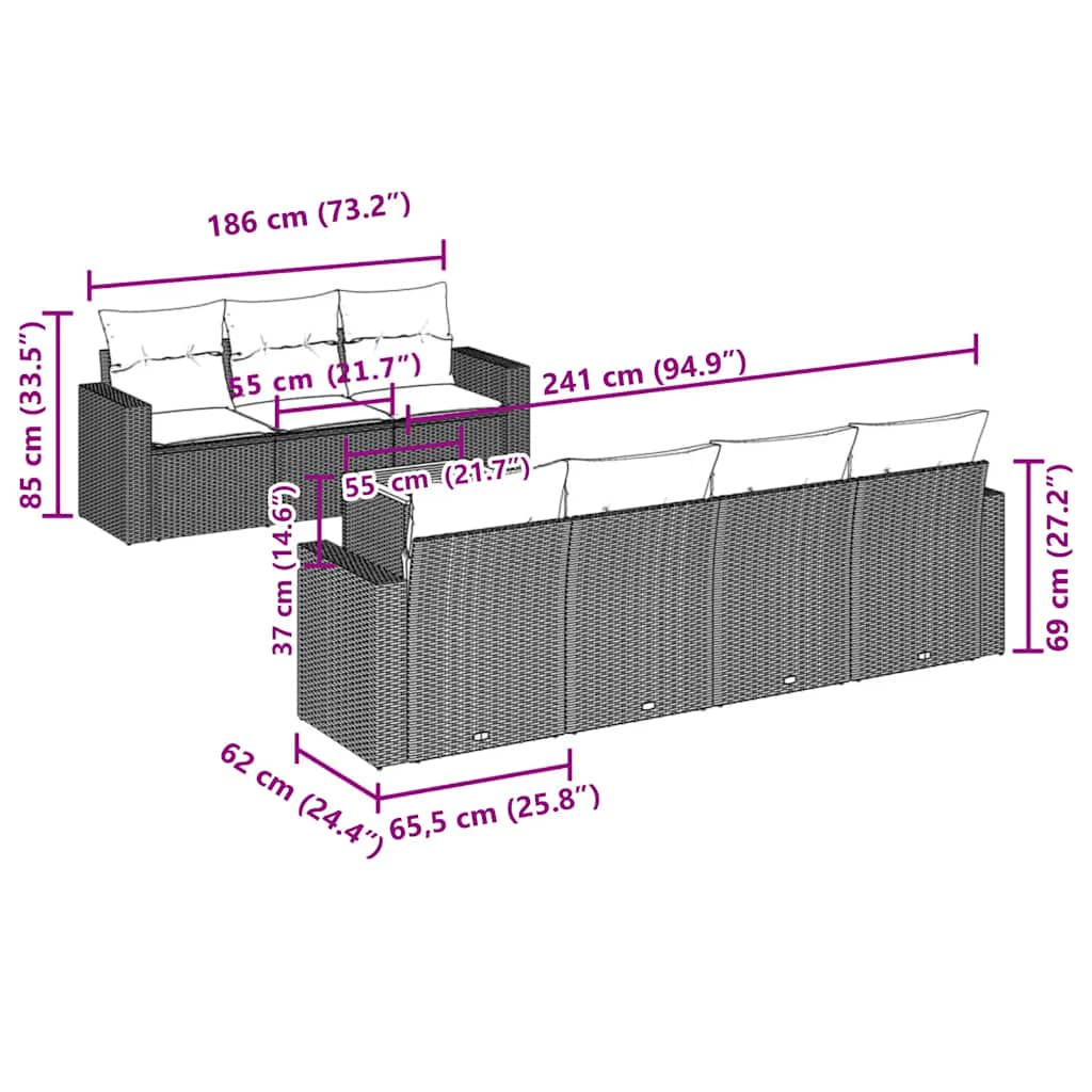 8-tlg. Garten-Sofagarnitur mit Kissen Grau Poly Rattan