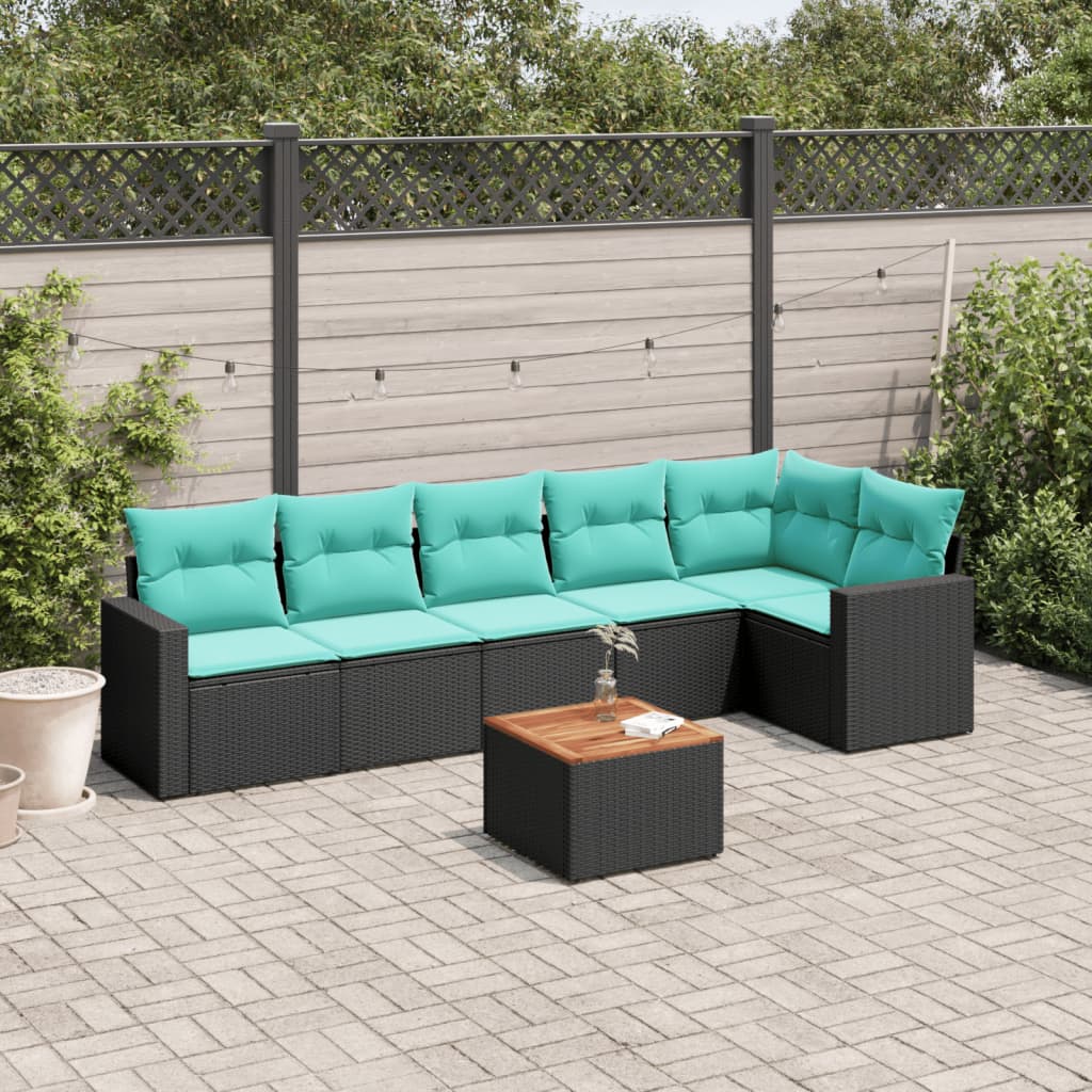 7-tlg. Garten-Sofagarnitur mit Kissen Schwarz Poly Rattan