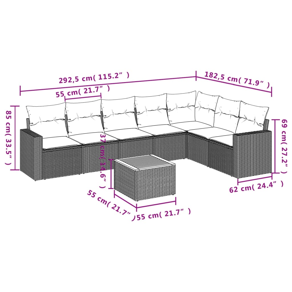 8-tlg. Garten-Sofagarnitur mit Kissen Grau Poly Rattan