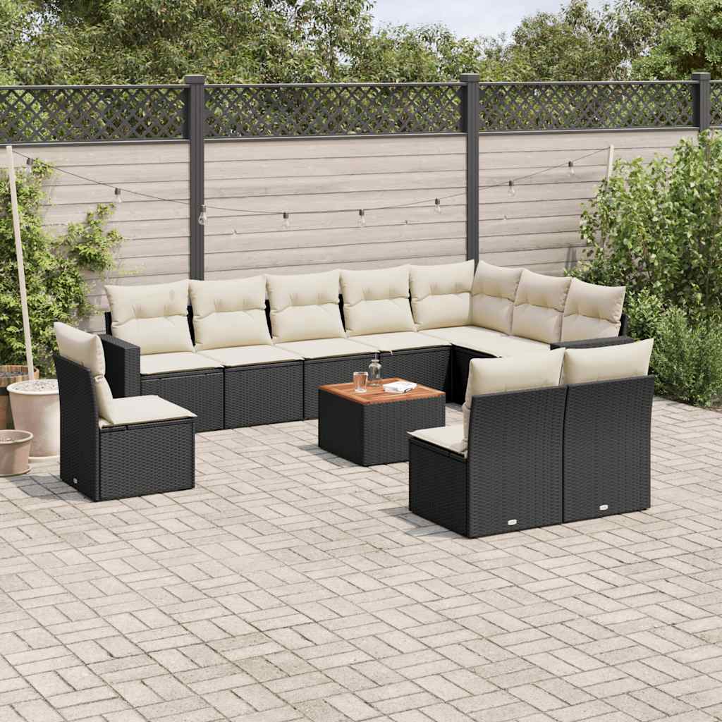 11-tlg. Garten-Sofagarnitur mit Kissen Schwarz Poly Rattan