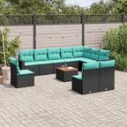 11-tlg. Garten-Sofagarnitur mit Kissen Schwarz Poly Rattan