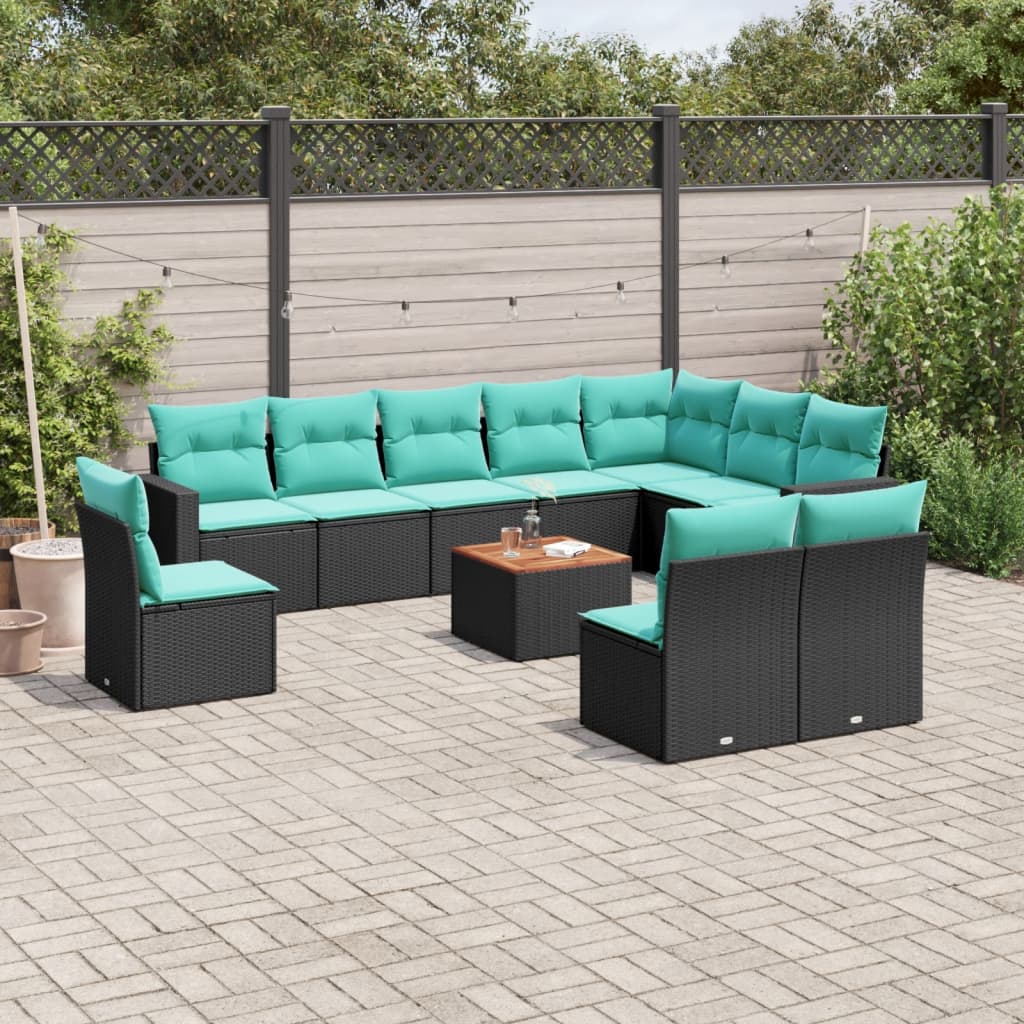 11-tlg. Garten-Sofagarnitur mit Kissen Schwarz Poly Rattan