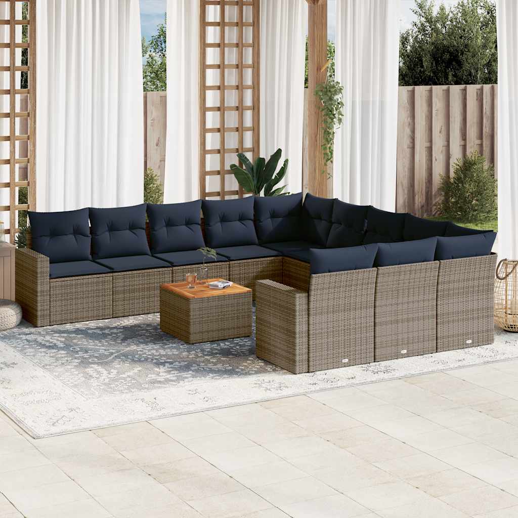 12-tlg. Garten-Sofagarnitur mit Kissen Grau Poly Rattan