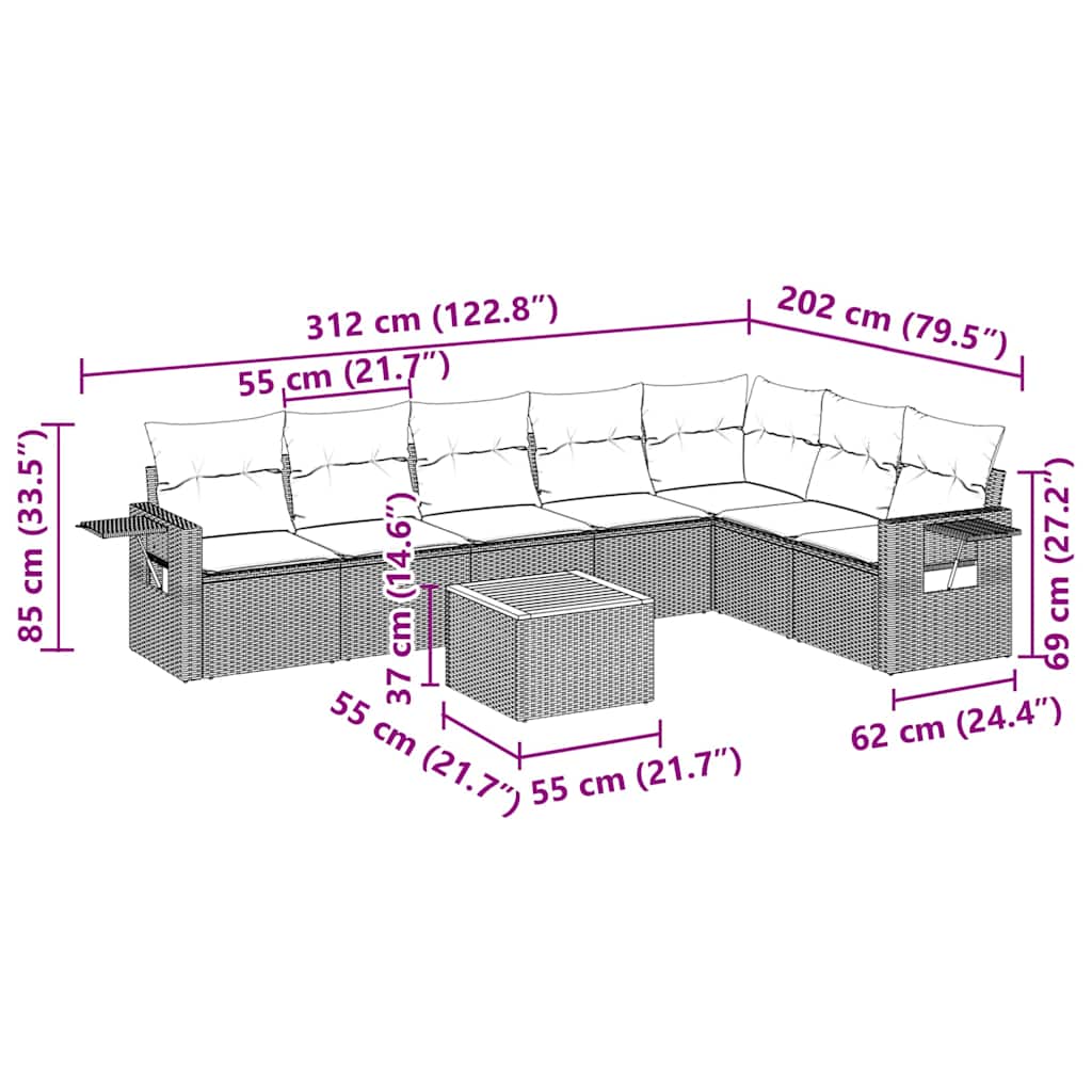 8-tlg. Garten-Sofagarnitur mit Kissen Schwarz Poly Rattan