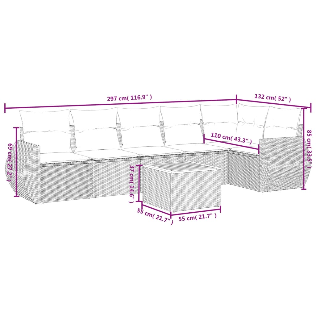 7-tlg. Garten-Sofagarnitur mit Kissen Schwarz Poly Rattan