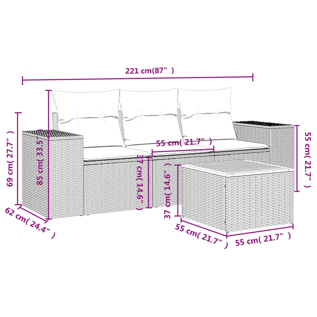 4-tlg. Garten-Sofagarnitur mit Kissen Schwarz Poly Rattan