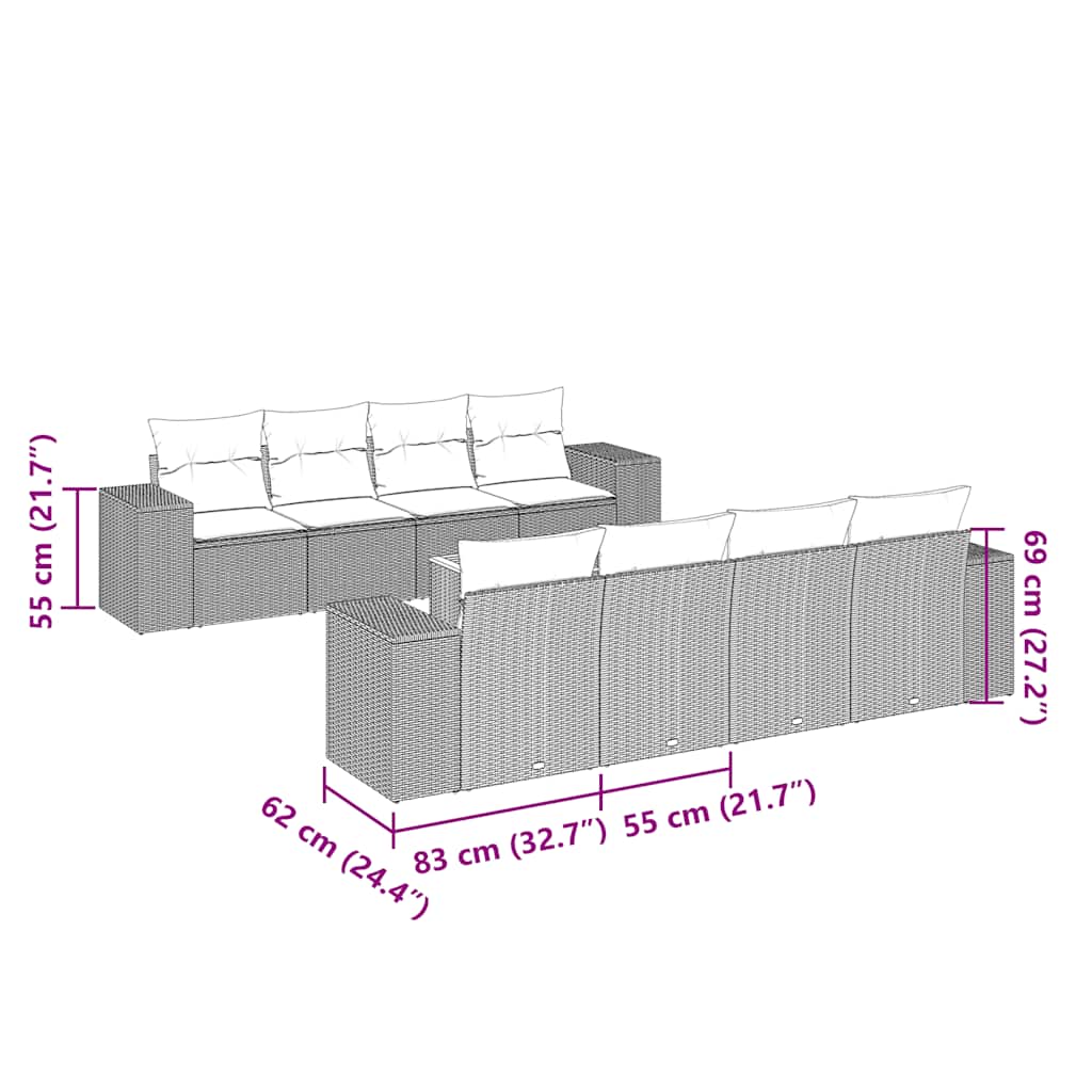 9-tlg. Garten-Sofagarnitur mit Kissen Schwarz Poly Rattan